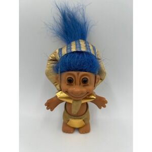 Vintage Russ Berrie Pharaoh Troll Doll Blue Hair Gold Egyptian Costume 1990s Toy